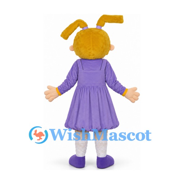 Girl Mascot Costume with Blonde Pigtails and Purple Dress