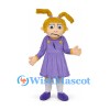 Girl Mascot Costume with Blonde Pigtails and Purple Dress