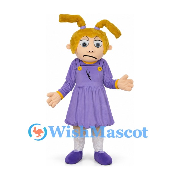 Girl Mascot Costume with Blonde Pigtails and Purple Dress