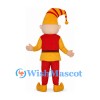 Elf Mascot Costume with Yellow Tunic and Red Striped Hat