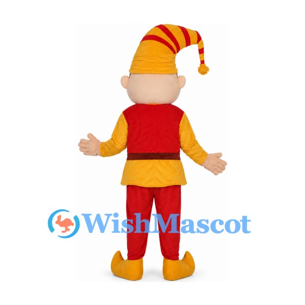 Elf Mascot Costume with Yellow Tunic and Red Striped Hat