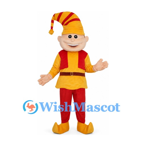 Elf Mascot Costume with Yellow Tunic and Red Striped Hat