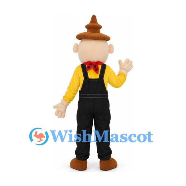 Wooden Puppet Mascot Costume with Black Overalls and Pointed Hat