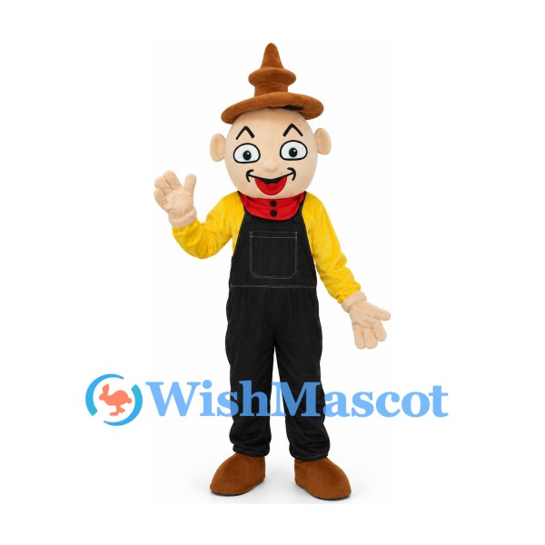 Wooden Puppet Mascot Costume with Black Overalls and Pointed Hat