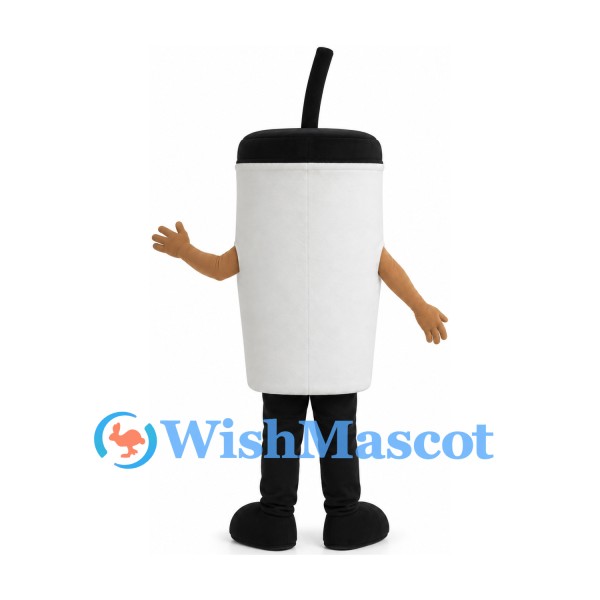 Drink Cup Mascot Costume in White with Black Lid and Straw