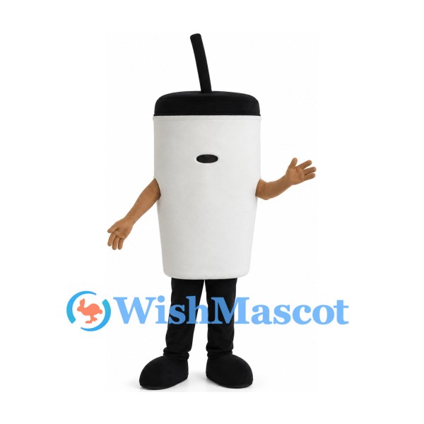 Drink Cup Mascot Costume in White with Black Lid and Straw