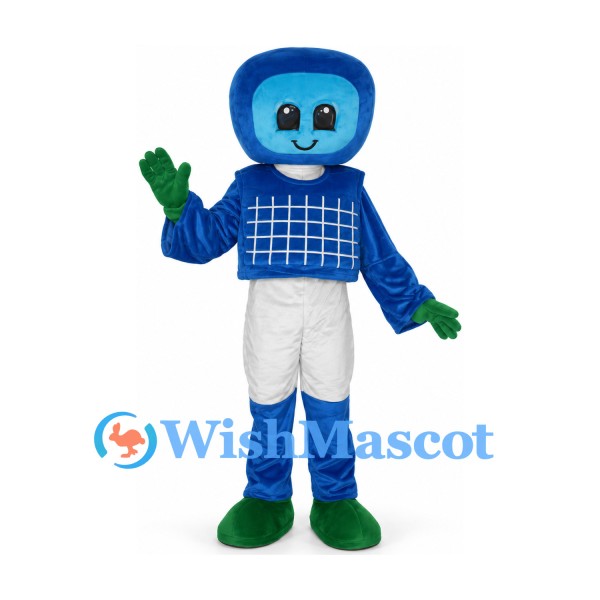 Robot Mascot Costume with Blue Monitor Head and White Pants