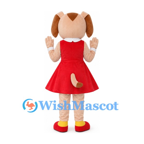 Dog Mascot Costume with Red Dress and Blue Bow