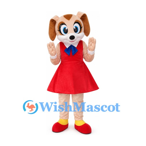 Dog Mascot Costume with Red Dress and Blue Bow