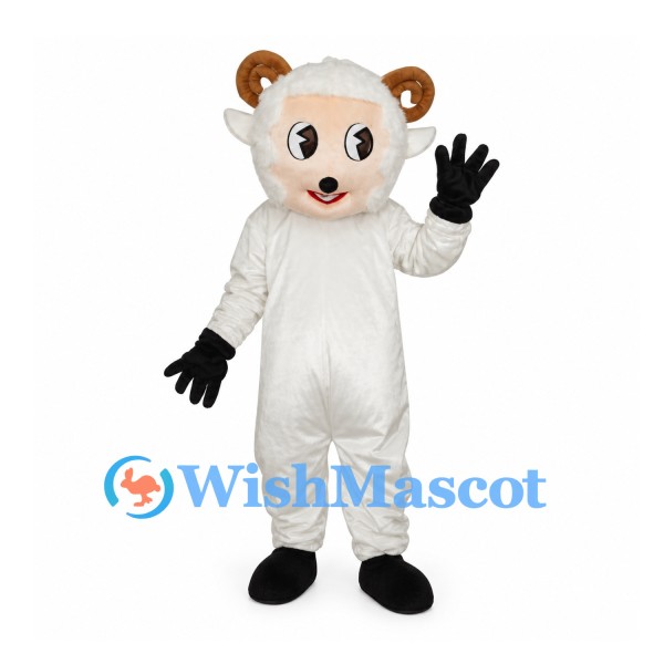 Sheep Mascot Costume in White with Brown Horns