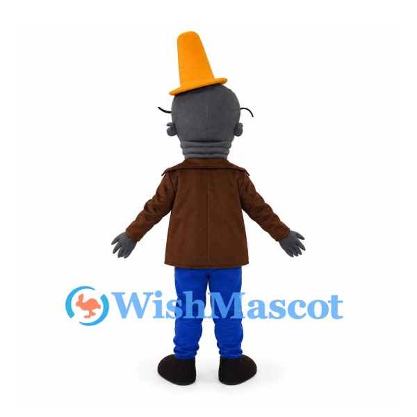 Cat Mascot Costume with Orange Cone Hat and Brown Jacket