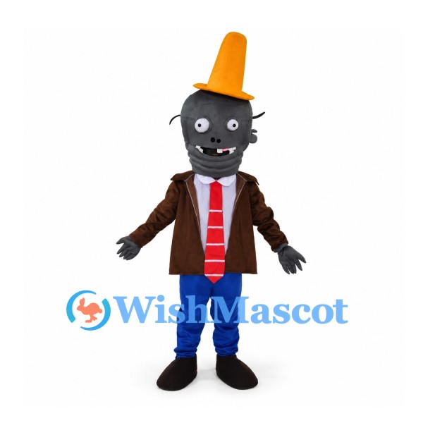 Cat Mascot Costume with Orange Cone Hat and Brown Jacket