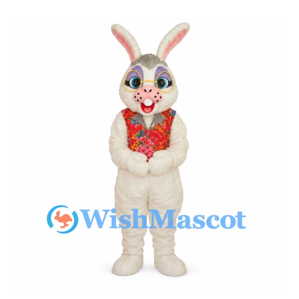 Rabbit Mascot Costume with Floral Vest and Glasses