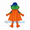 Frog Superhero Mascot Costume with Orange Cape and Striped Shirt