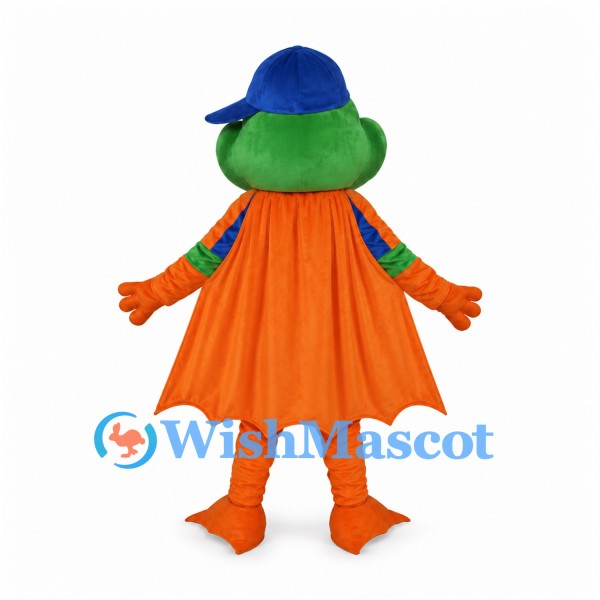 Frog Superhero Mascot Costume with Orange Cape and Striped Shirt
