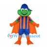 Frog Superhero Mascot Costume with Orange Cape and Striped Shirt