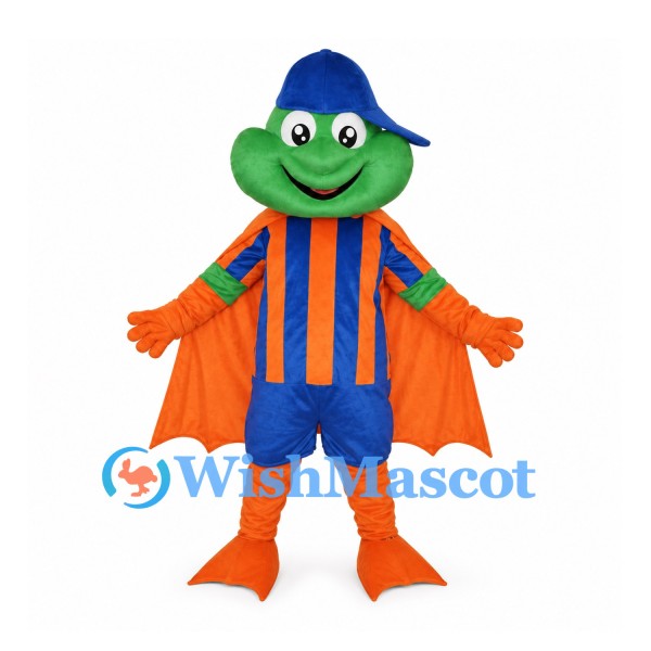 Frog Superhero Mascot Costume with Orange Cape and Striped Shirt