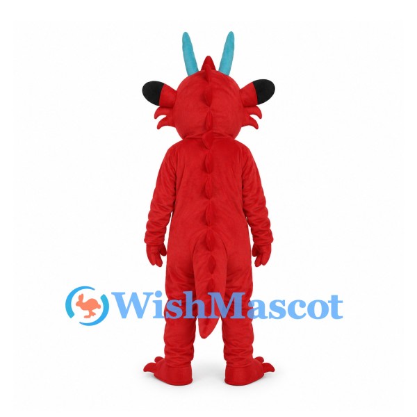 Dragon Mascot Costume in Red with Blue Horns and Yellow Belly