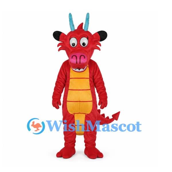 Dragon Mascot Costume in Red with Blue Horns and Yellow Belly