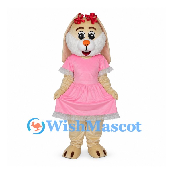 Rabbit Mascot Costume with Pink Dress and Long Cream Ears