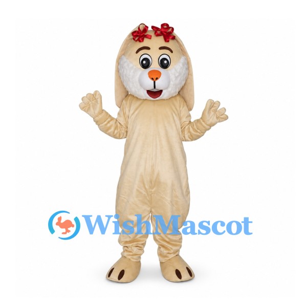 Rabbit Mascot Costume in Cream with Long Ears and Red Bows