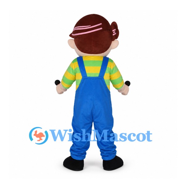 Boy Mascot Costume with Blue Overalls and Striped Shirt
