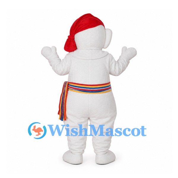 Snowman Mascot Costume with Red Hat and Rainbow Waist Sash
