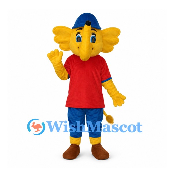Elephant Mascot Costume in Yellow with Red Shirt and Blue Cap