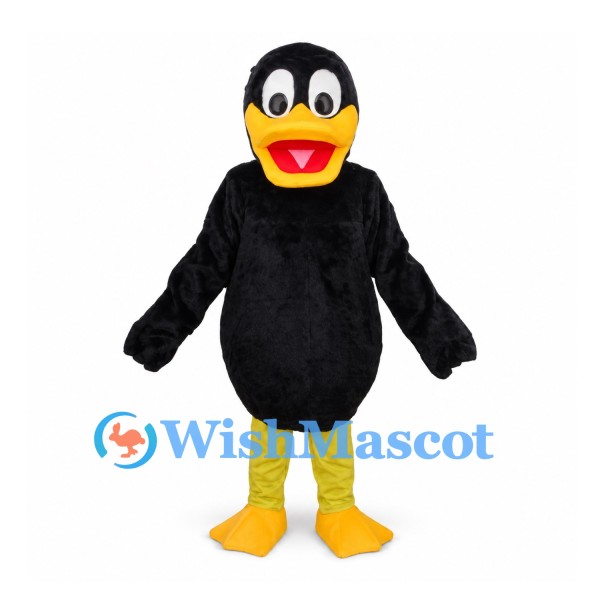 Black Duck Mascot Costume with Yellow Feet and Orange Bill