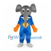 Elephant Mascot Costume in Blue with Gray Head and Yellow Tie