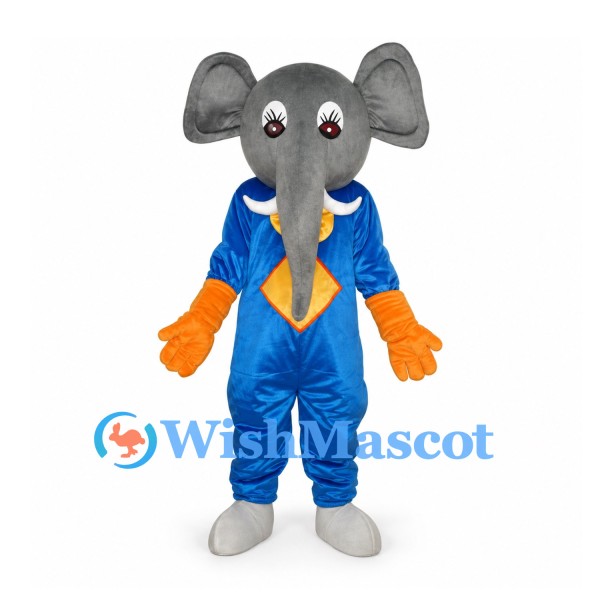 Elephant Mascot Costume in Blue with Gray Head and Yellow Tie
