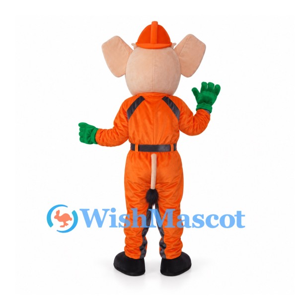 Elephant Builder Mascot Costume with Orange Uniform and Helmet
