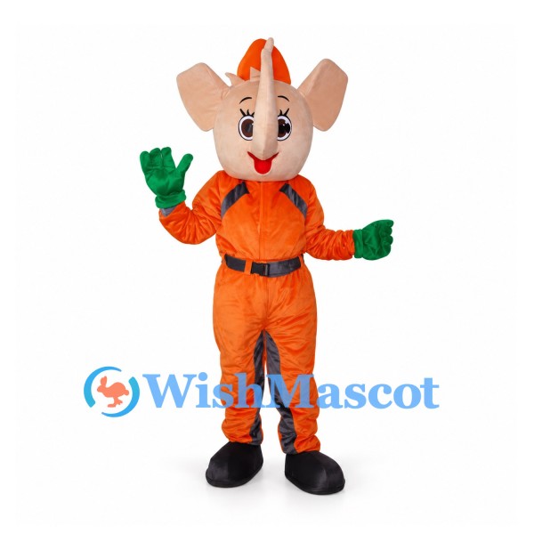 Elephant Builder Mascot Costume with Orange Uniform and Helmet