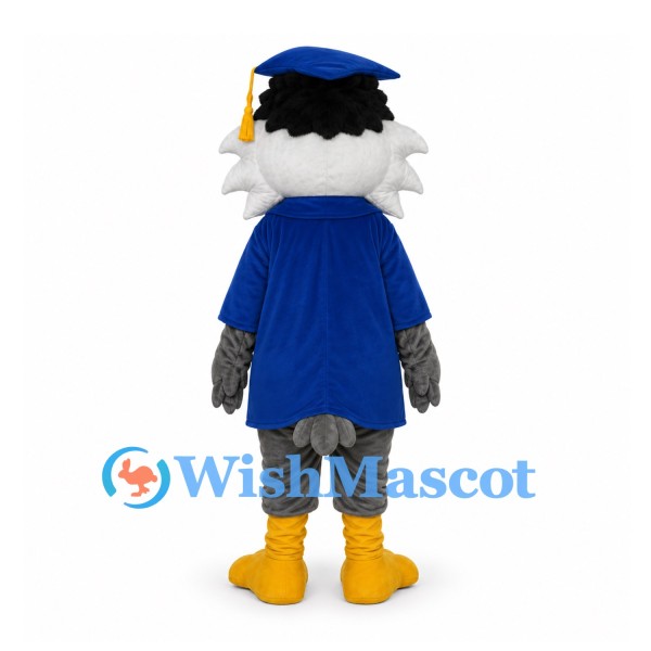 Graduation Owl Mascot Costume with Blue Gown and Mortarboard