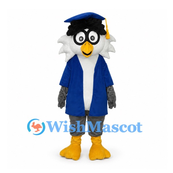 Graduation Owl Mascot Costume with Blue Gown and Mortarboard
