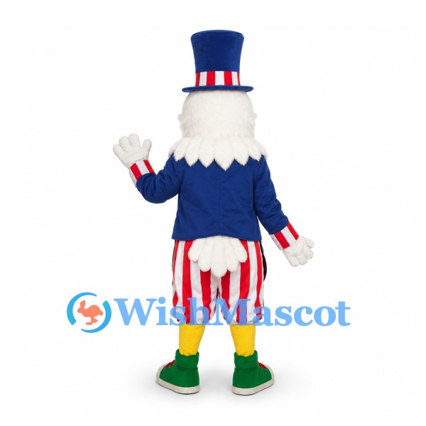 Bald Eagle Mascot Costume with Patriotic Top Hat and Striped Shorts