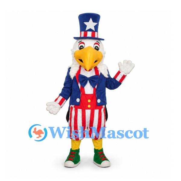 Bald Eagle Mascot Costume with Patriotic Top Hat and Striped Shorts