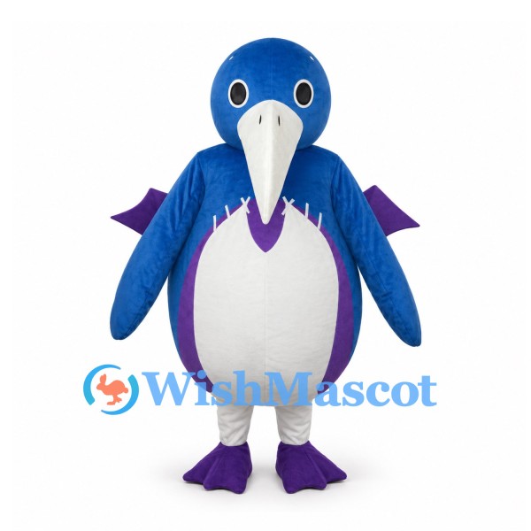 Bird Mascot Costume in Blue with Long White Beak and Purple Feet