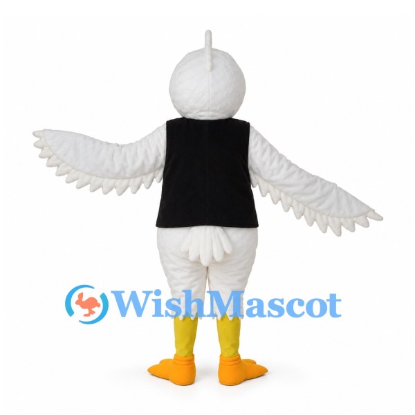 White Bird Mascot Costume with Black Vest and Yellow Beak