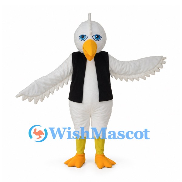 White Bird Mascot Costume with Black Vest and Yellow Beak