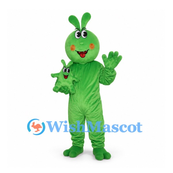 Alien Mascot Costume in Green with Antennae and Shoulder Creature