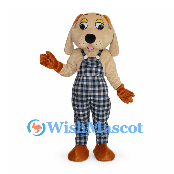 Dog Mascot Costume in Beige with Checkered Overalls