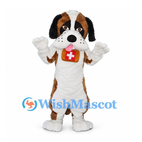 Saint Bernard Dog Mascot Costume with Brown and White Fur and Rescue Pouch