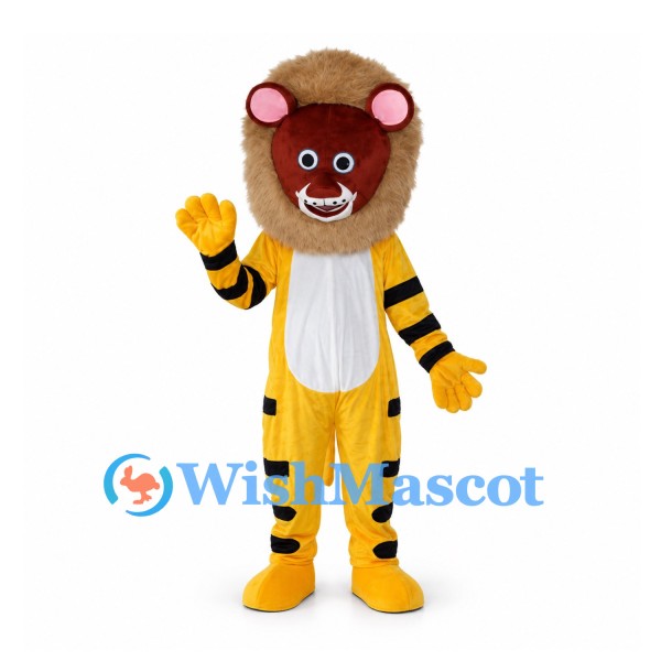 Lion Mascot Costume with Brown Mane and Yellow Striped Body