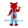 Fox Mascot Costume in Red with Blue Overalls and Purple Shoes