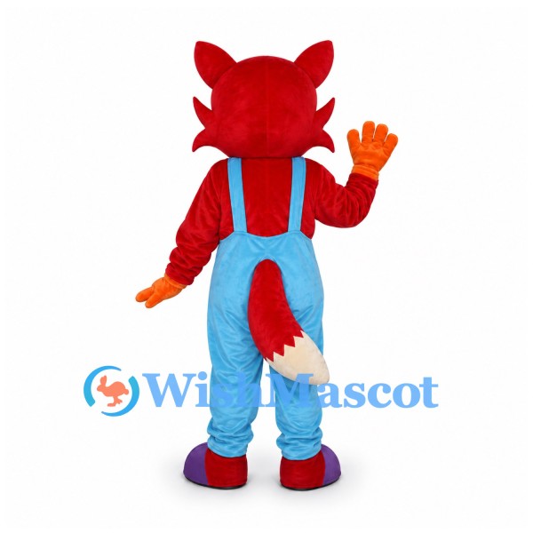 Fox Mascot Costume in Red with Blue Overalls and Purple Shoes