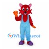 Fox Mascot Costume in Red with Blue Overalls and Purple Shoes