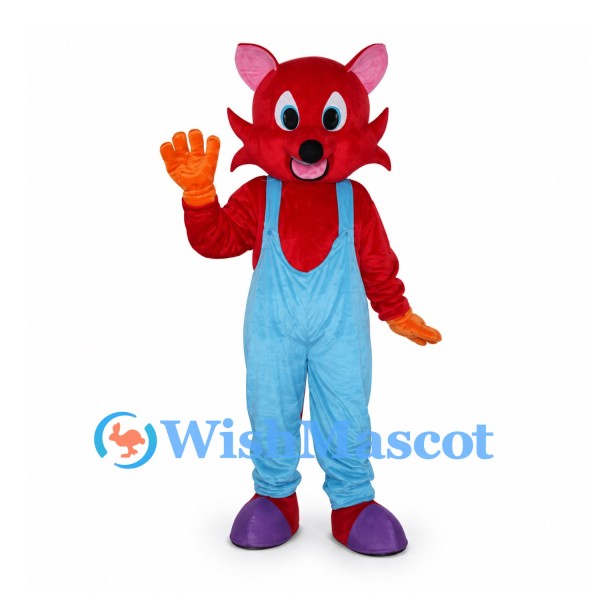 Fox Mascot Costume in Red with Blue Overalls and Purple Shoes