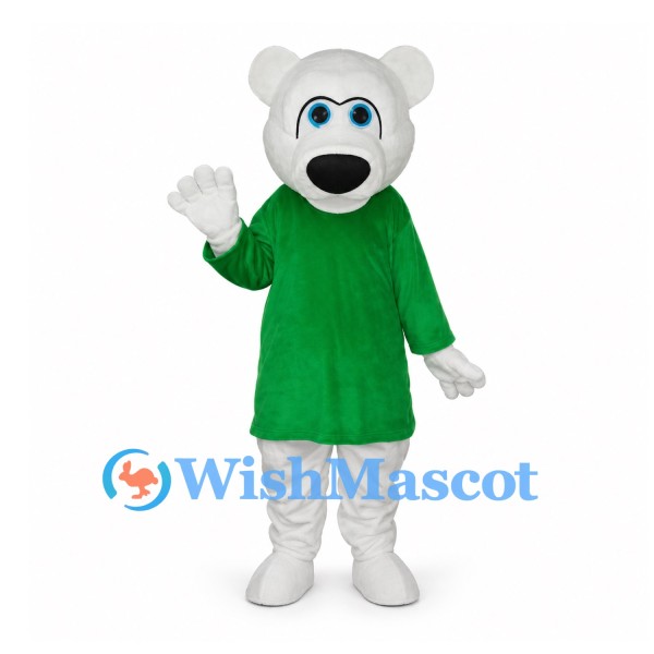 Polar Bear Mascot Costume in White with Green Shirt