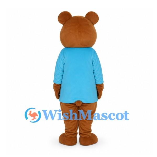 Bear Mascot Costume in Brown with Blue Shirt